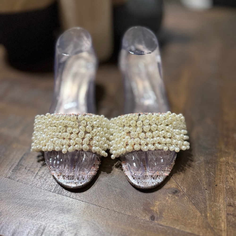 EUC Tory Burch TATIANA Beaded PEARL Tweed Slide Sandals SZ 8.5